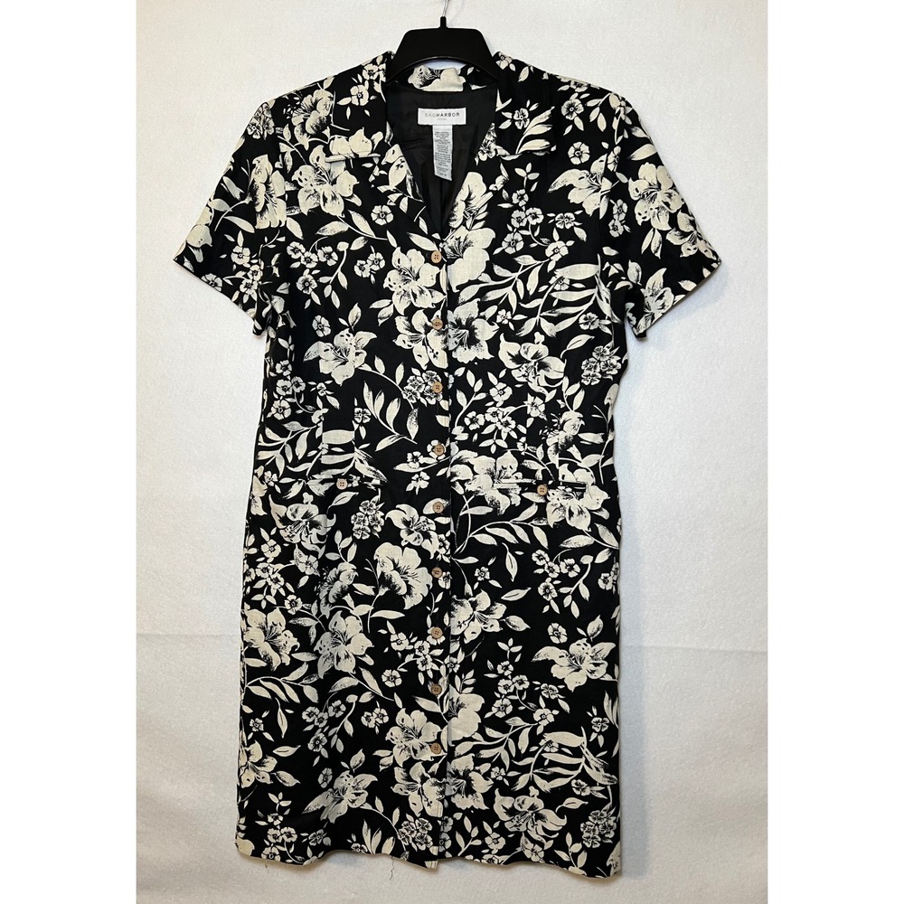 Sag‎ Harbor Floral Linen Blend Coastal Grandma Lagenlook Black White Dress 14